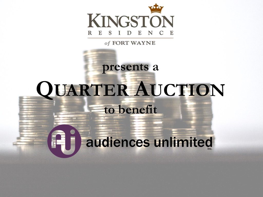 Stacked coins with text "Quarter Auction" and logos for AUI and Kingston Residence