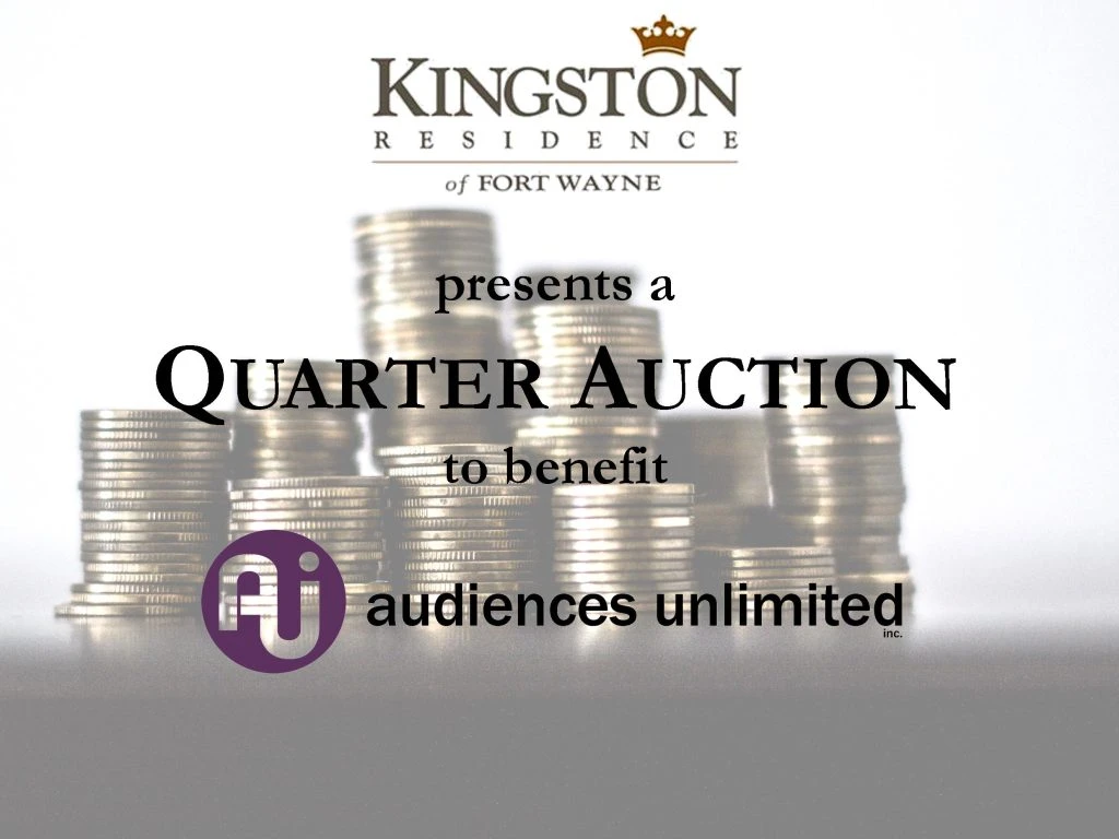 Stacked coins with text "Quarter Auction" and logos for AUI and Kingston Residence