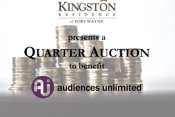 Stacked coins with text "Quarter Auction" and logos for AUI and Kingston Residence