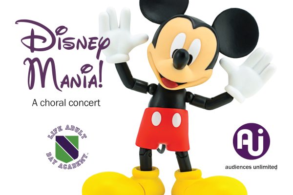 A friendly mouse waves next to text: "Disney Mania! A choral concert." AUI and L.A.D.A. logos are included.