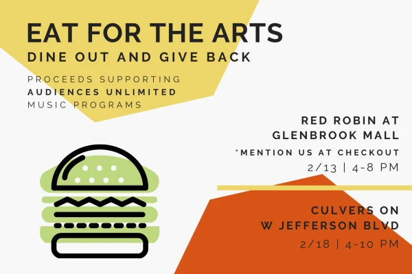 Graphic with a hamburger and text: "Eat for the Arts: dine out and give back" with dates and locations